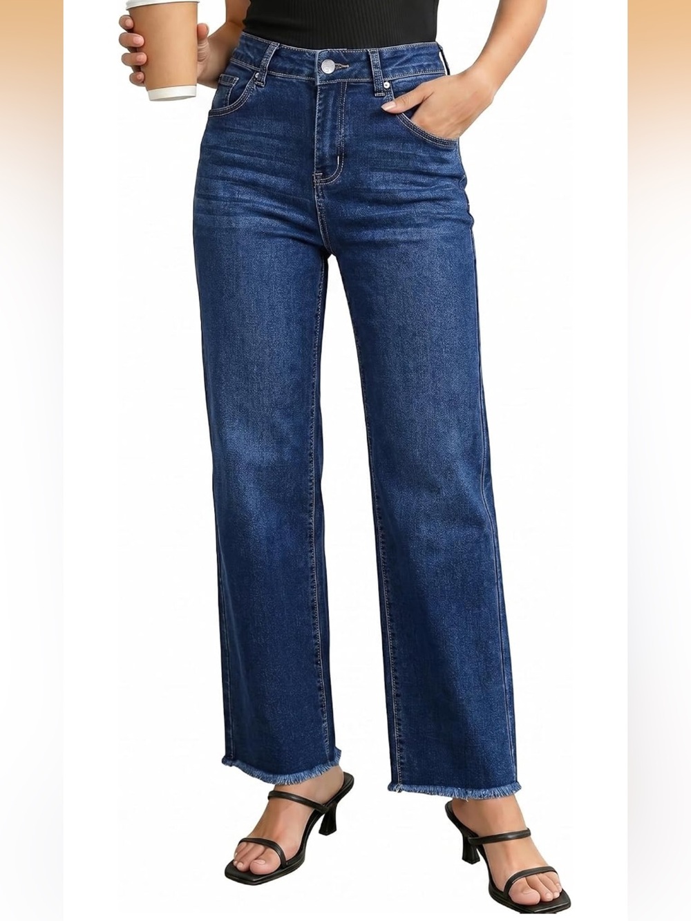 High-Rise Wide Leg Women's Jeans - Dark Blue with Frayed Hem